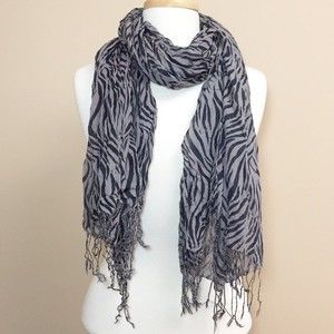 Grey Black Tiger Zebra Stripe Print Fringe Scarf